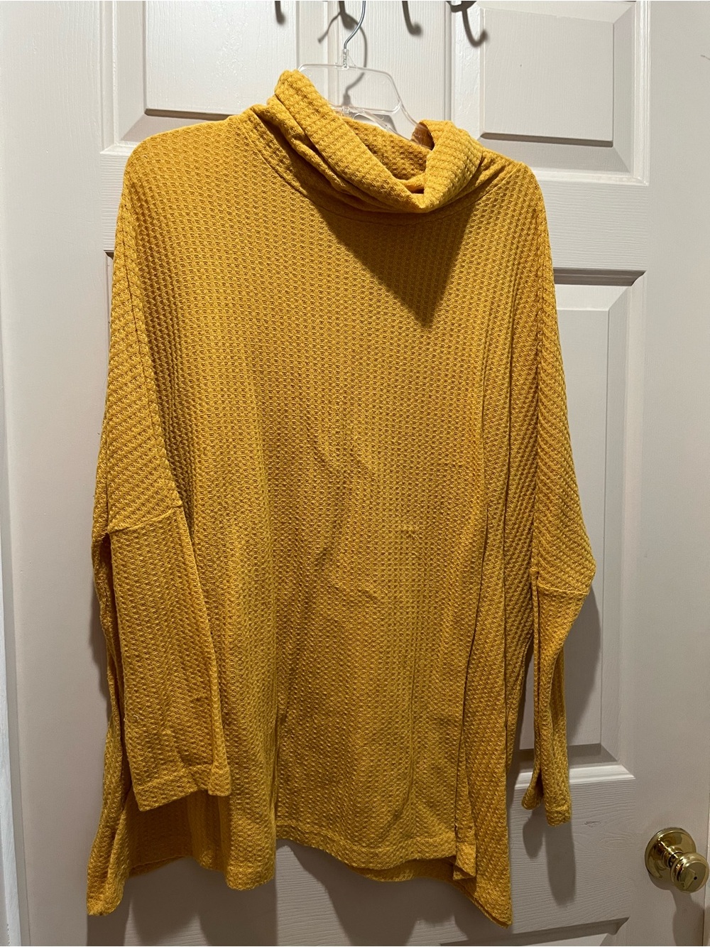 Women's Mustard Waffle Knit Cowl Neck Sweater